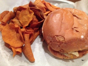 AJ Bomber's MKE burger, sweet potato chips